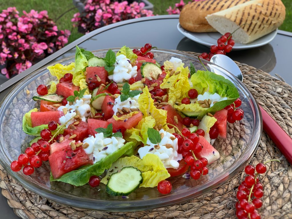 Ein Teller mit zerpflücktem Romanasalat, Wassermelonenwürfel, Johannisbeeren, Gurkenscheiben und Hüttenkäse. Der Teller steht auf einem Gartentisch.