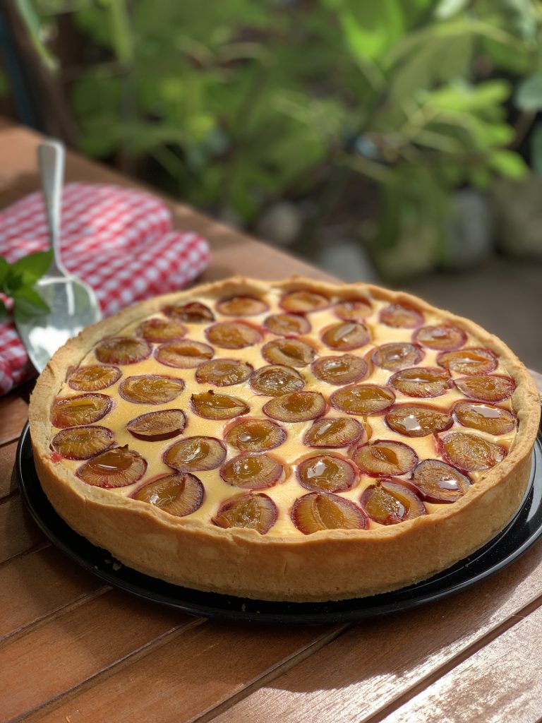 Zwetschgen-Käsekuchen auf einem Tisch, der draußen im Grünen ist. Man sieht auch einen Tortenheber und ein rot-weiß-kariertes Geschirrtuch daneben. 