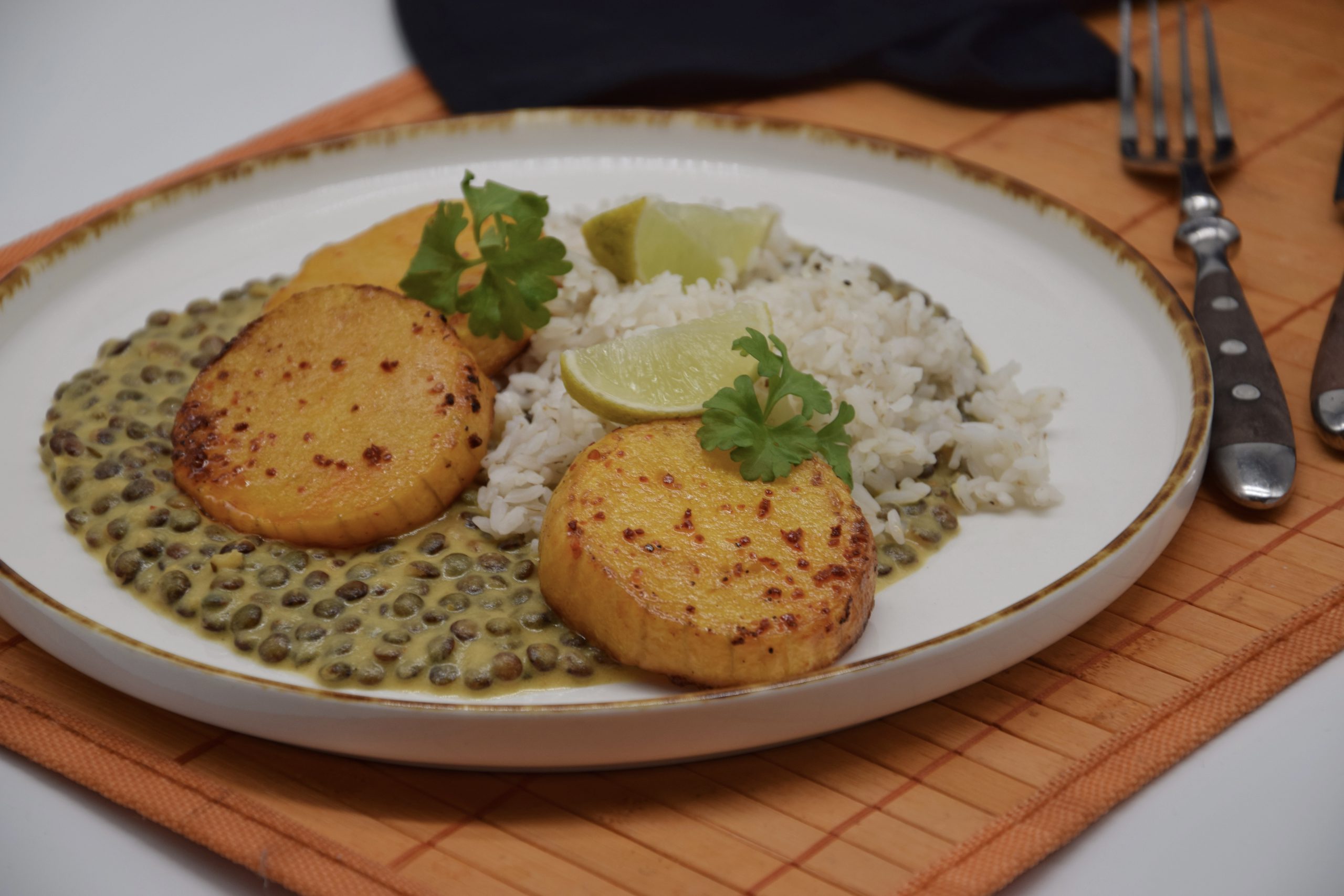 Berglinsen mit gebratenem Butternutkürbis